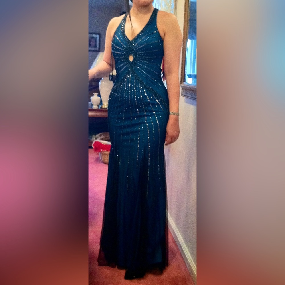 Backless Blue Sequin Gown, Size XS